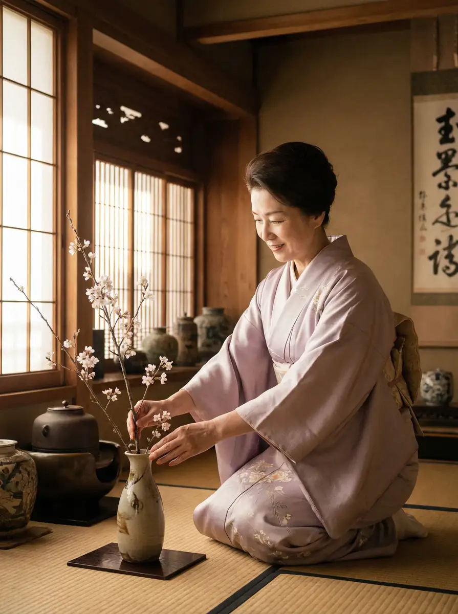 一位优雅的 天美麻花星空影视大全 在和室中插花